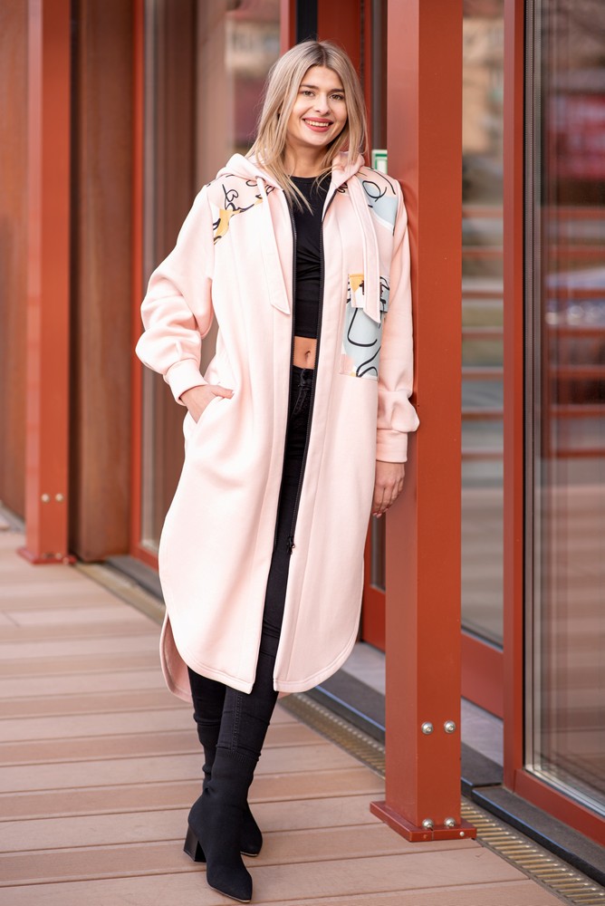 Bluzopłaszcz z kapturem a'la koszula brzoskwioniowy róż-twarze