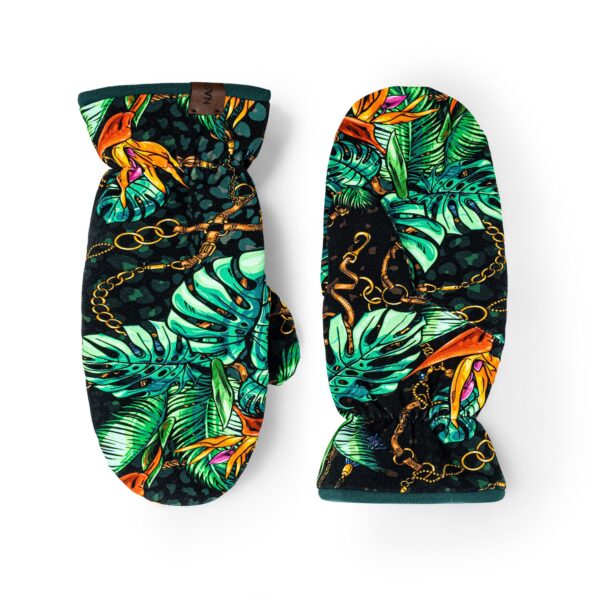 Rękawiczki miejskie jednopalczaste, złote łańcuchy+ butelkowa zieleń