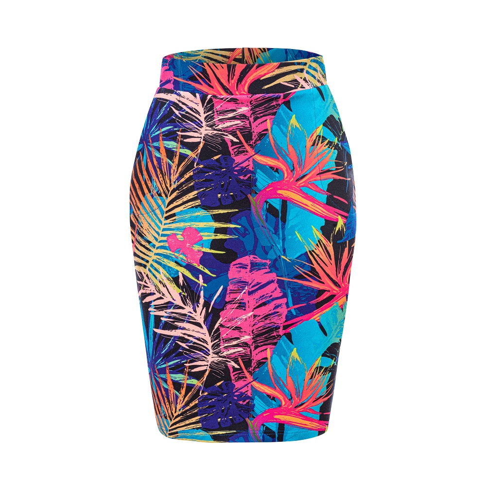 Spódnica klasyczna ołówkowa neonowe liście