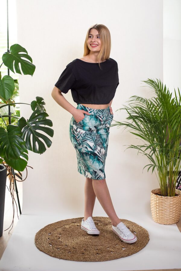Spódnica klasyczna ołówkowa turkusowe jasne liście