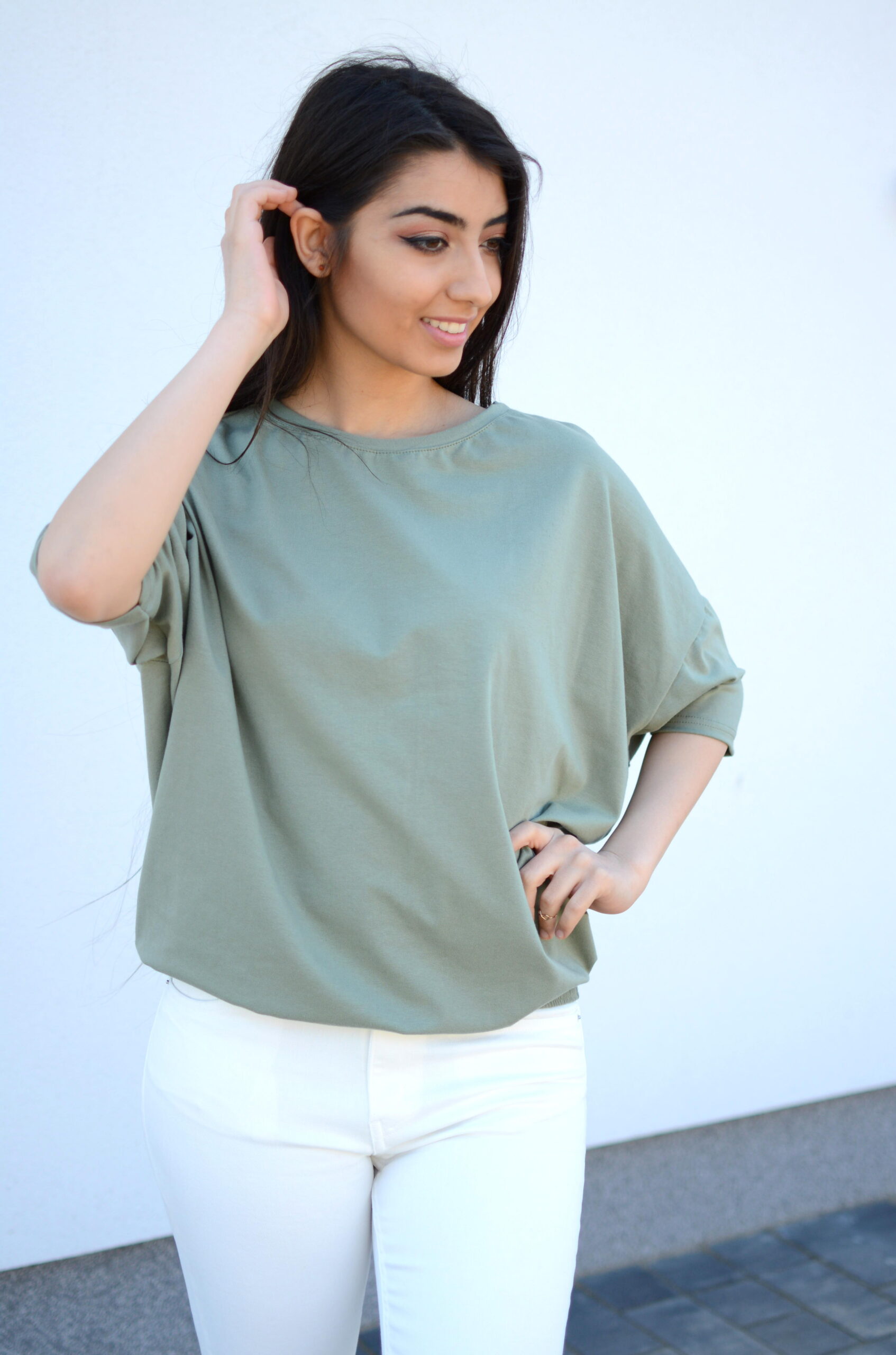 szeroka luźna bluzka nietoperz oversize khaki