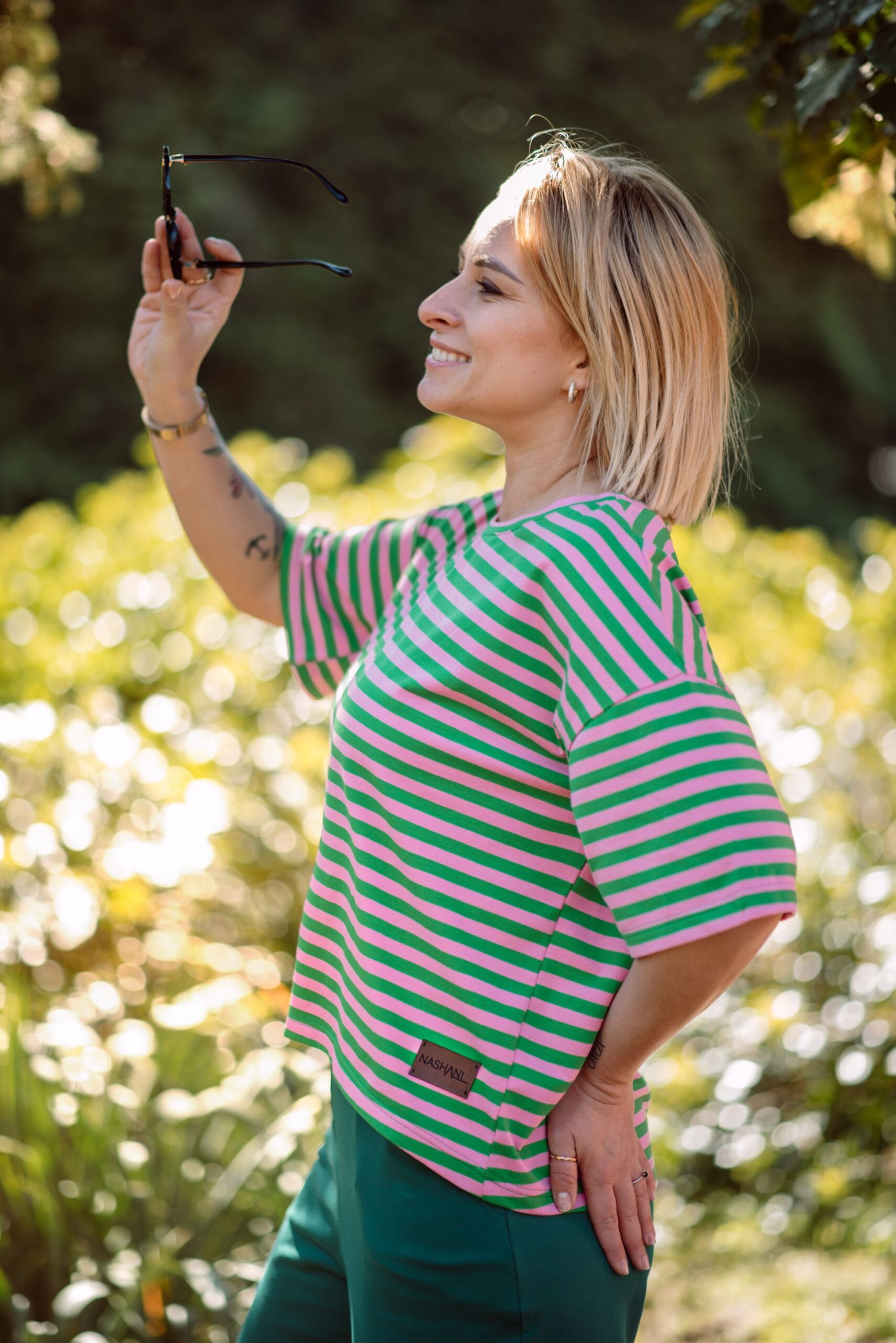 Bluzka T 'shirt różowo-zielone paski