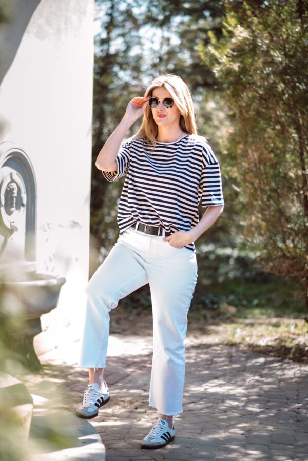 Bluzka T 'shirt kremowo-granatowe paski