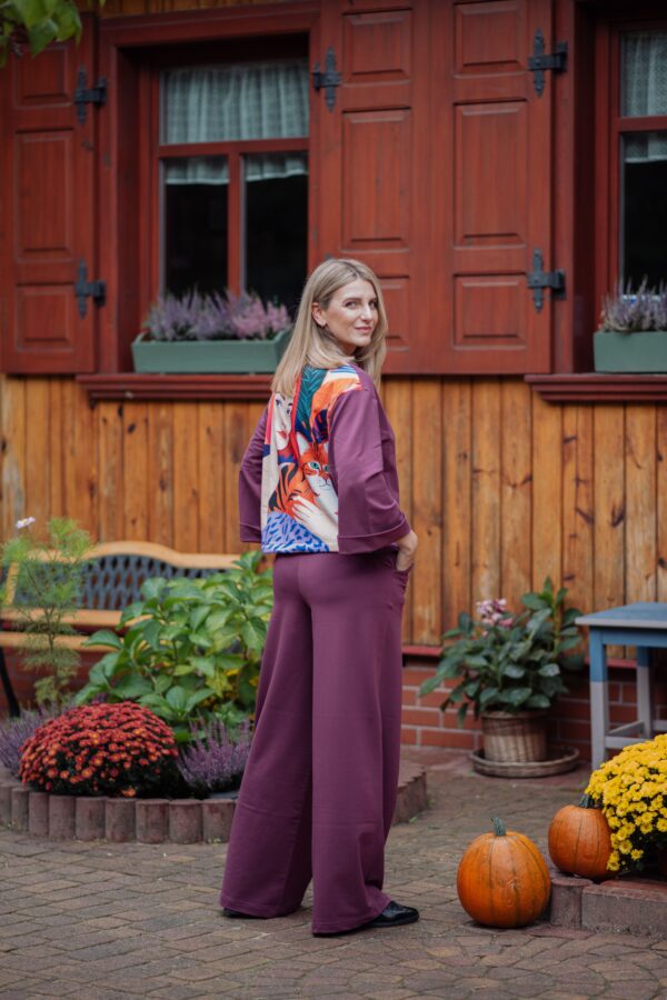 komplet women śliwkowy z rudym kotem